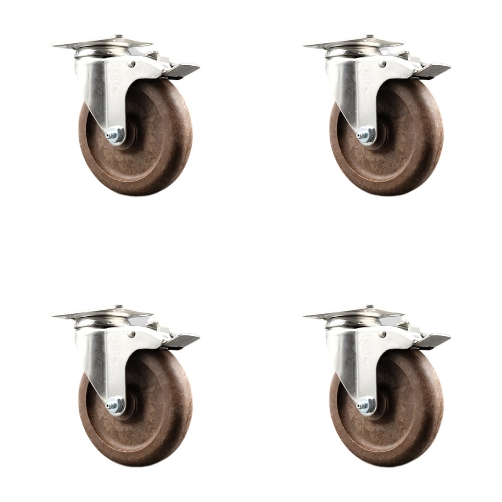 High Temperature Glass Filled Nylon Swivel Top Plate Caster with 5 in. Brown Caster Wheels - 316 Stainless Steel Casters - Set of 4