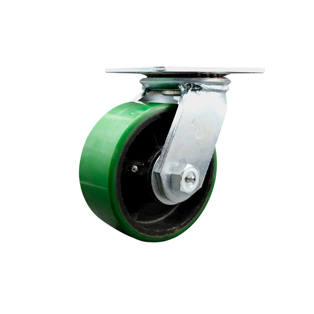 Heavy Duty Large Top Plate Polyurethane on Cast Iron Swivel Caster with 6 x 2.5 in. Green Wheel - Series 55 - 1600 lbs Capacity per Caster
