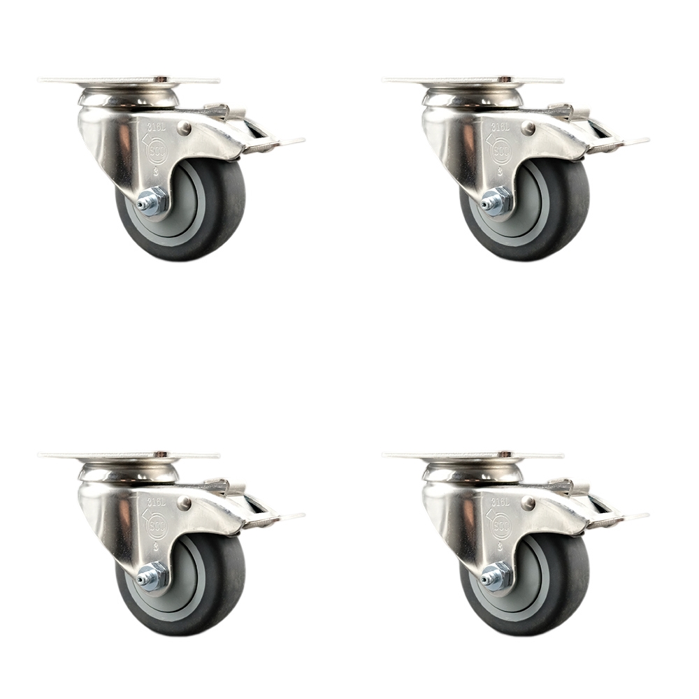 Thermoplastic Rubber Swivel Top Plate Caster with 3 in. Caster Wheels - 316 Stainless Steel Casters - 840 lbs Total Capacity - Set of 4