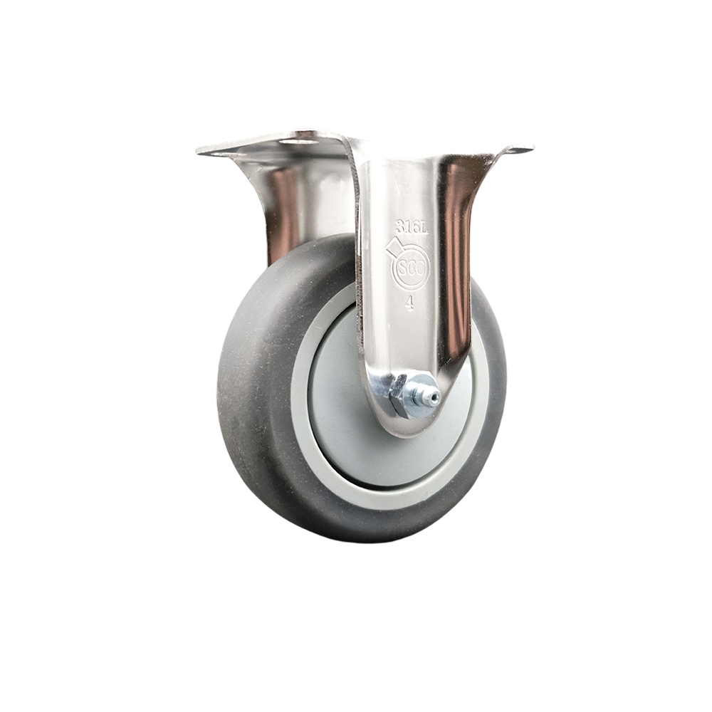 Thermoplastic Rubber Rigid Top Plate Caster with 4 in. Gray Caster Wheel - 316 Stainless Steel Caster - 250 lbs Capacity per Caster