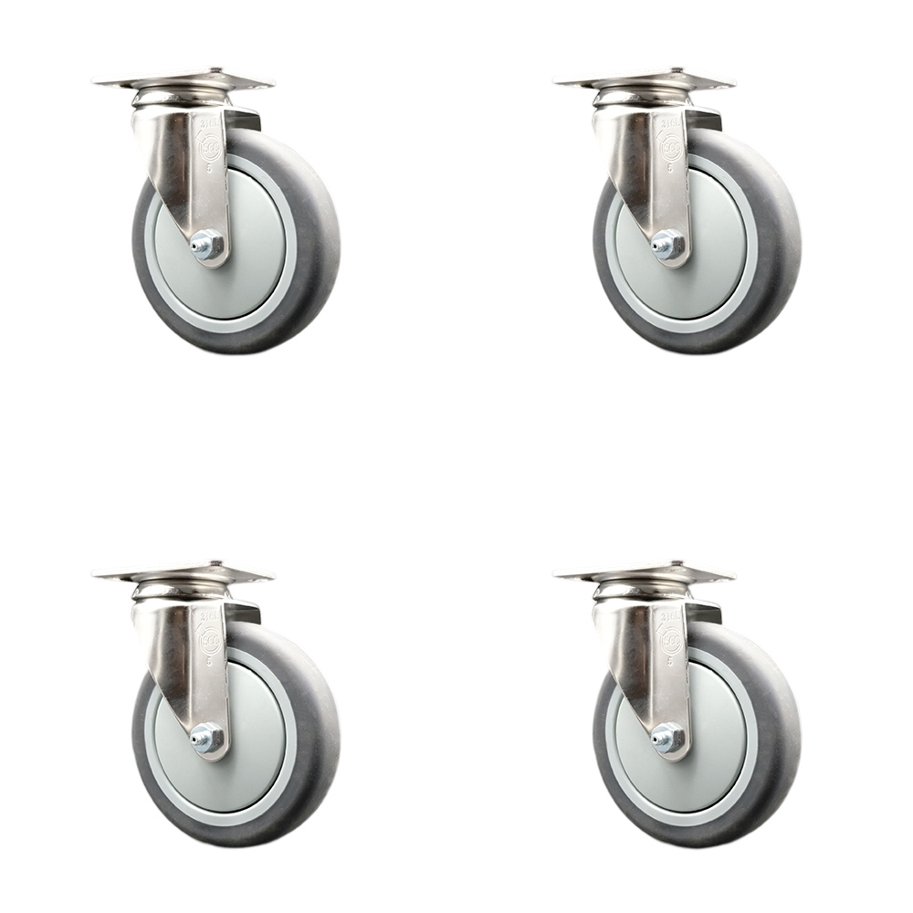 Thermoplastic Rubber Swivel Top Plate Caster with 5 in. Gray Caster Wheels - 316 Stainless Steel Casters - 1200 lbs Total Capacity - Set of 4