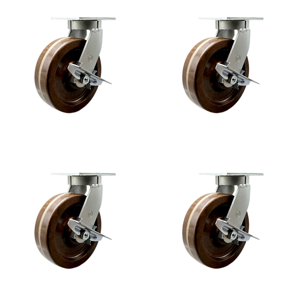 SCC-KP92S830-PHRHT-SLB-4 8 in. Swivel Top Plate Caster Set Extra Heavy Duty Casters with High Temperature Phenolic Wheels - Set of 4