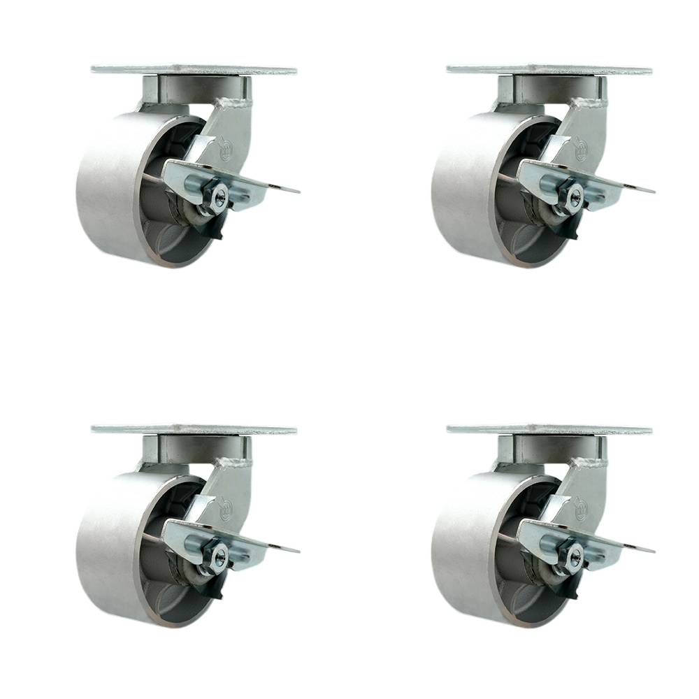 SCC-KP92S630-SSR-SLB-4 6 in. Swivel Top Plate Caster Set Extra Heavy Duty Casters with Semi Steel Cast Iron Wheels - Set of 4