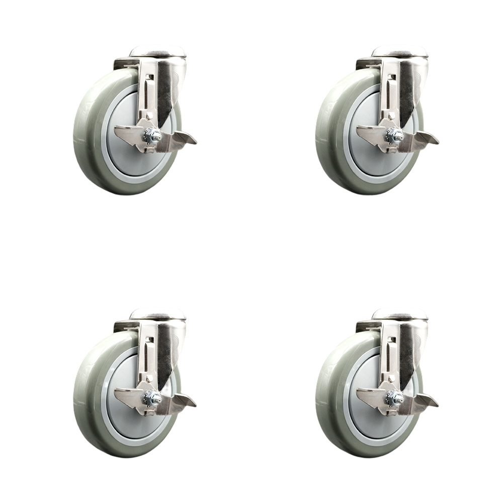 SCC-SS316BH20S514-PPUB-TLB-4 Polyurethane Swivel Bolt Hole Caster with 5 in. Gray Caster Wheels 316 Stainless Steel Casters - Set of 4