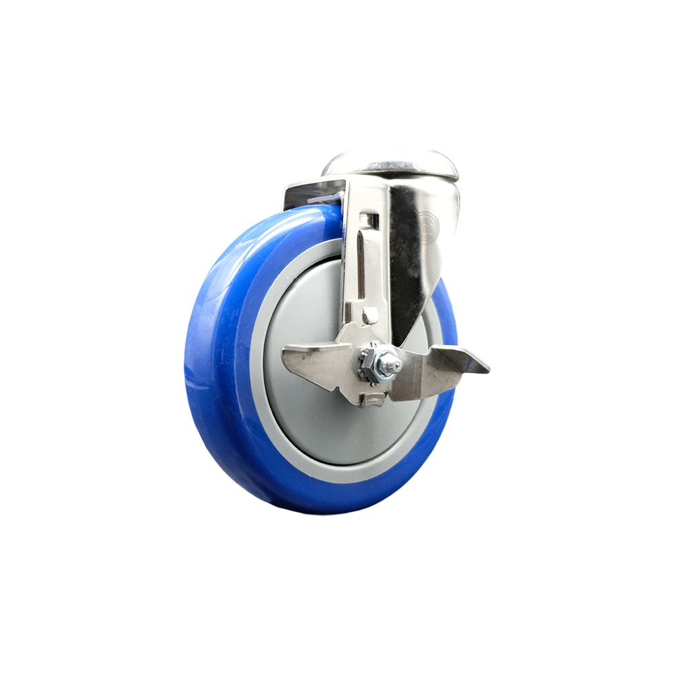 SCC-SS316BH20S514-PPUB-BLUE-TLB Polyurethane Swivel Bolt Hole Caster with 5 in. Blue Caster Wheel & Top Lock Brake - 316 Stainless Steel Caster
