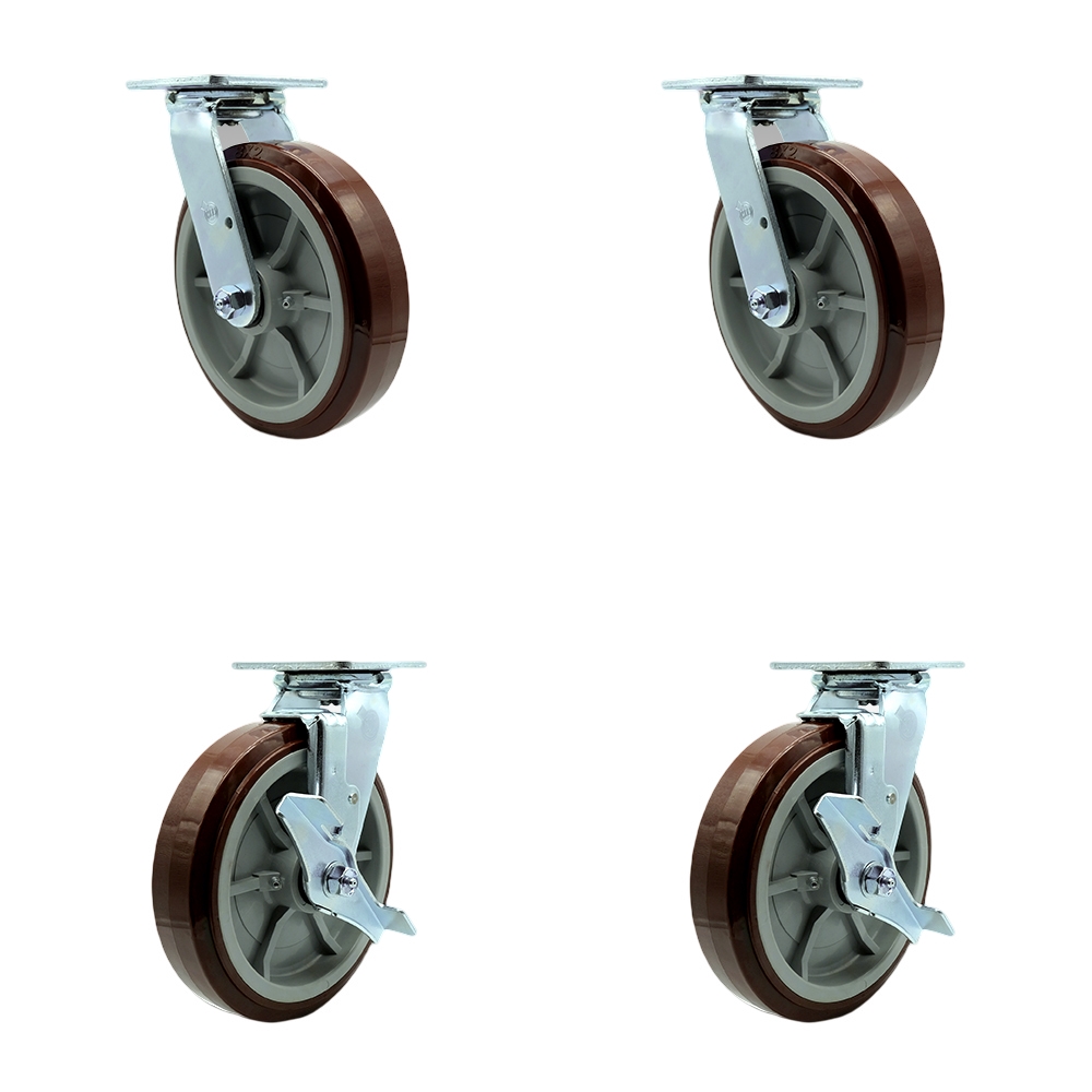 Stainless Steel Polyurethane Swivel Top Plate Casters, Heavy Duty with 8 in. Wheels - 4000 lbs Total Capacity - Set of 4
