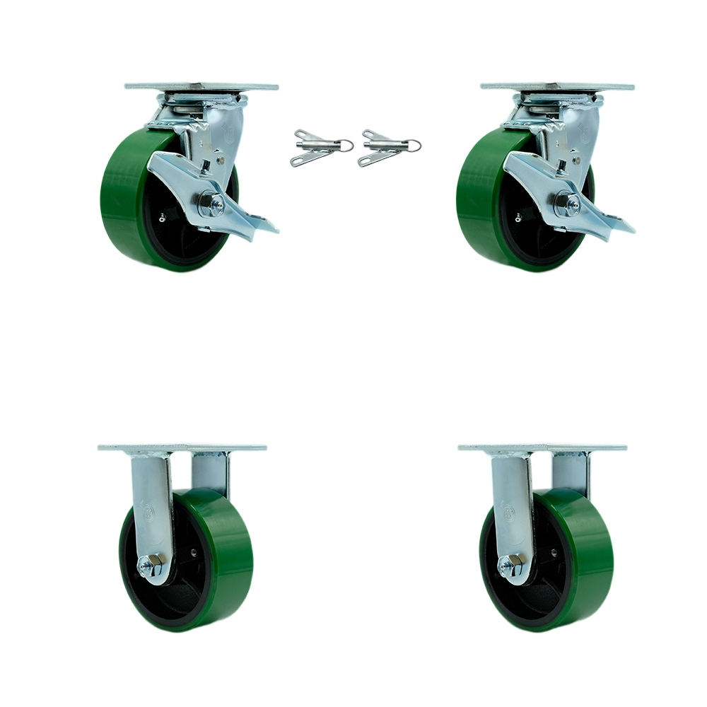 SCC-30CS520-PUR-GB-TLB-BSL-2-R-2 Polyurethane on Cast Iron Swivel Top Plate Casters, Heavy Duty with 5 in. Green Wheels - Set of 4