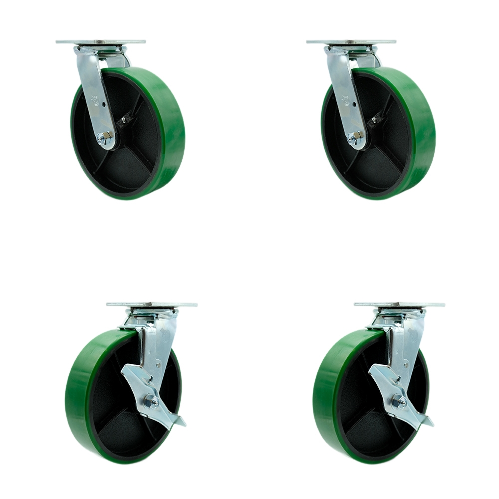 SCC-30CS820-PUR-GB-BSL-2-TLB-2 Polyurethane on Cast Iron Swivel Top Plate Casters, Heavy Duty with 8 in. Green Wheels - Set of 4