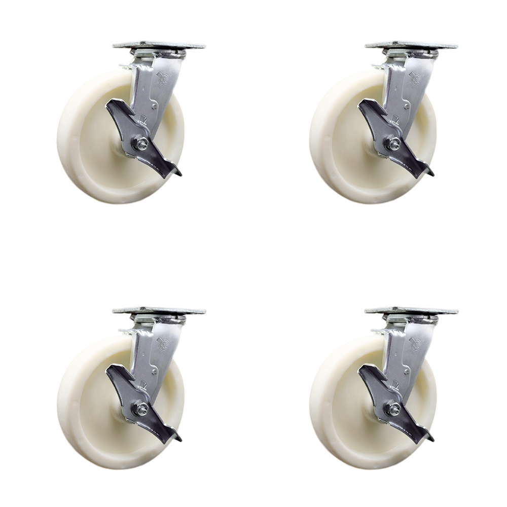 SCC-SS30S820-NYR-TLB-BSL-2-TLB-2 Stainless Steel Nylon Swivel Top Plate Casters, Heavy Duty with 8 in. Wheels - Set of 4