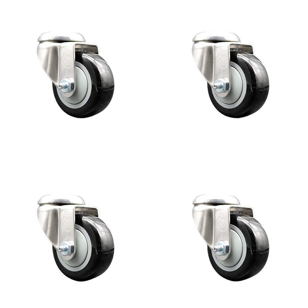 SCC-SS316BH20S3514-PPUB-BLK-4 Polyurethane Swivel Bolt Hole Caster with 3.5 in. Black Caster Wheels 316 Stainless Steel Casters - Set of 4