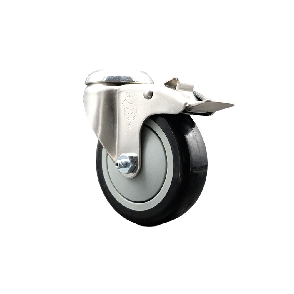 SCC-SS316BHTTL20S414-PPUB-BLK Polyurethane Swivel Bolt Hole Caster with 4 in. Black Caster Wheel & Total Lock Brake 316 Stainless Steel Caster