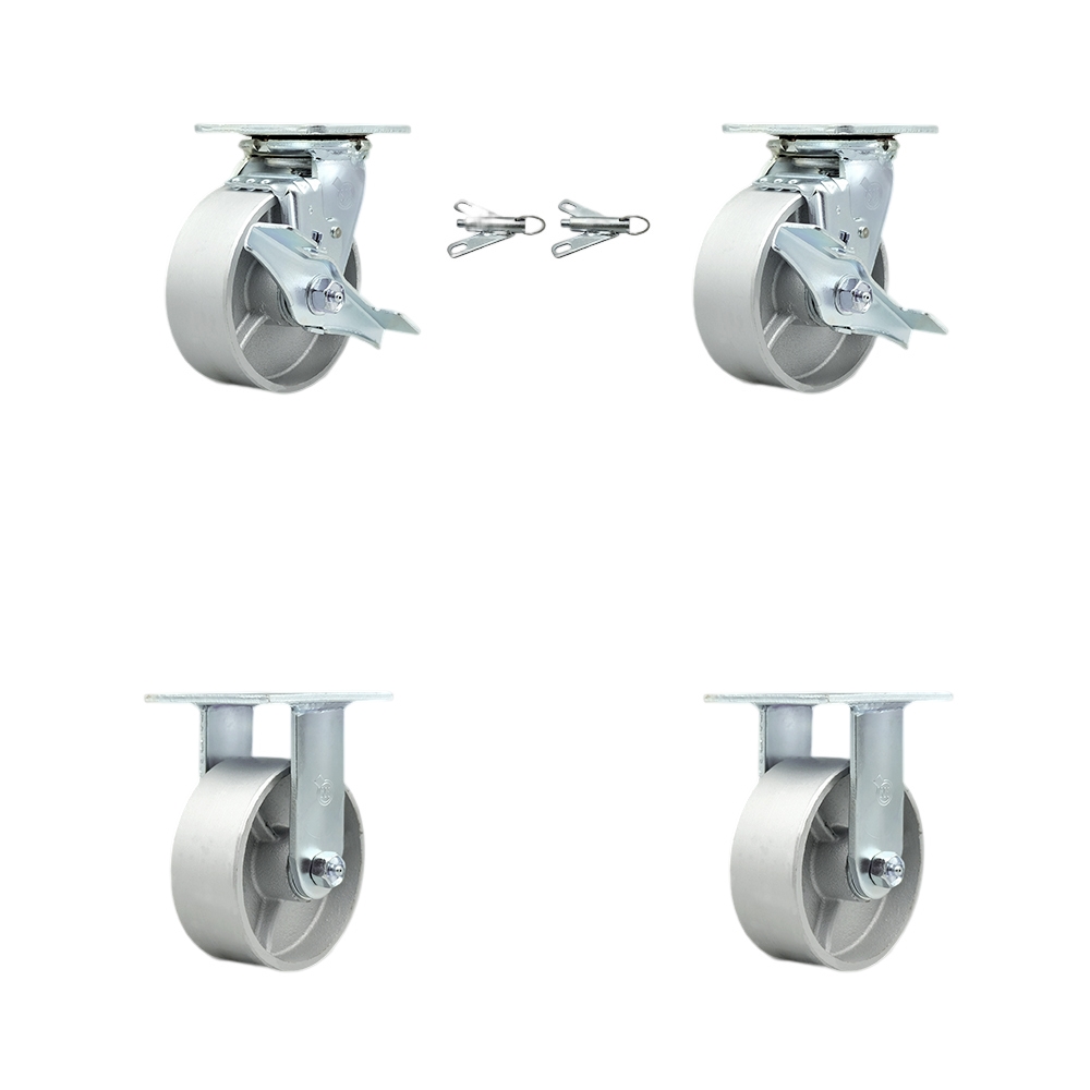 SCC-30CS520-SSR-TLB-BSL-2-R-2 Semi Steel Cast Iron Swivel Top Plate Casters, Heavy Duty with 5 in. Wheels - 4000 lbs Total Capacity - Set of 4