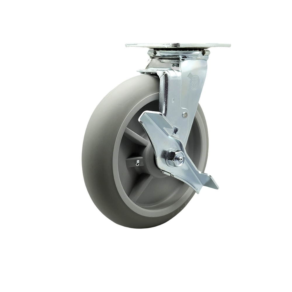Stainless Steel Thermoplastic Rubber Donut Tread Swivel Top Plate Heavy Duty Caster with 8 in. Wheel & Top Lock Brake - 600 lbs Capacity per Caster