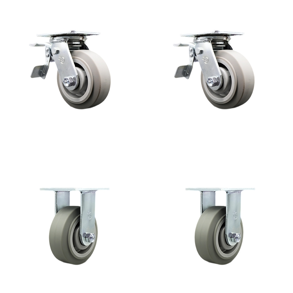 Thermoplastic Rubber Flat Tread Swivel Top Plate Casters, Heavy Duty with 5 in. Wheels - 1400 lbs Total Capacity - Set of 4