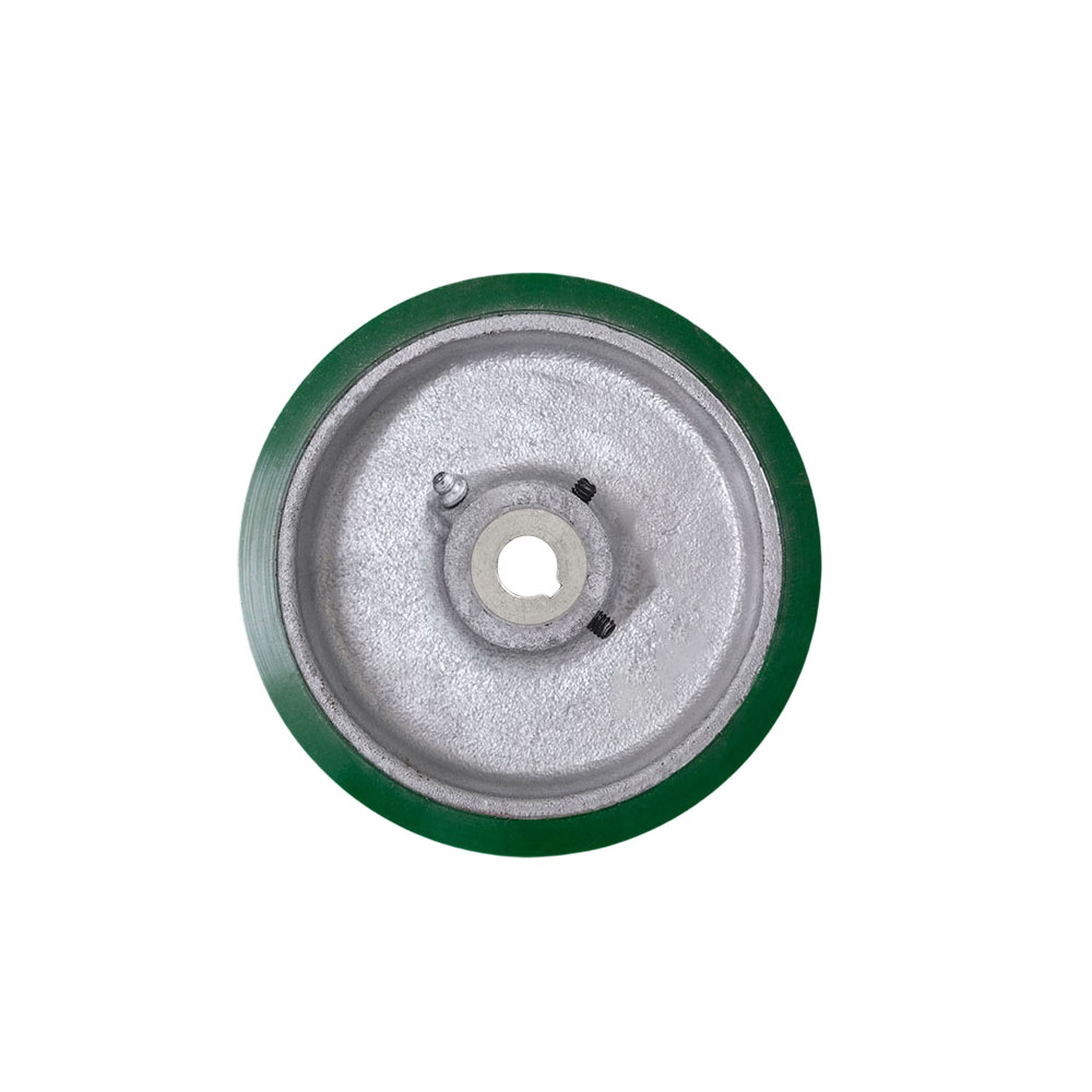 SCC-EZPUS1030-20MM-KW-2SS 10 x 3 in. Green Polyurethane Tread on Cast Iron Keyed Drive Wheel - 20 mm Plain Bore with Two 0.25 in. Set Screws