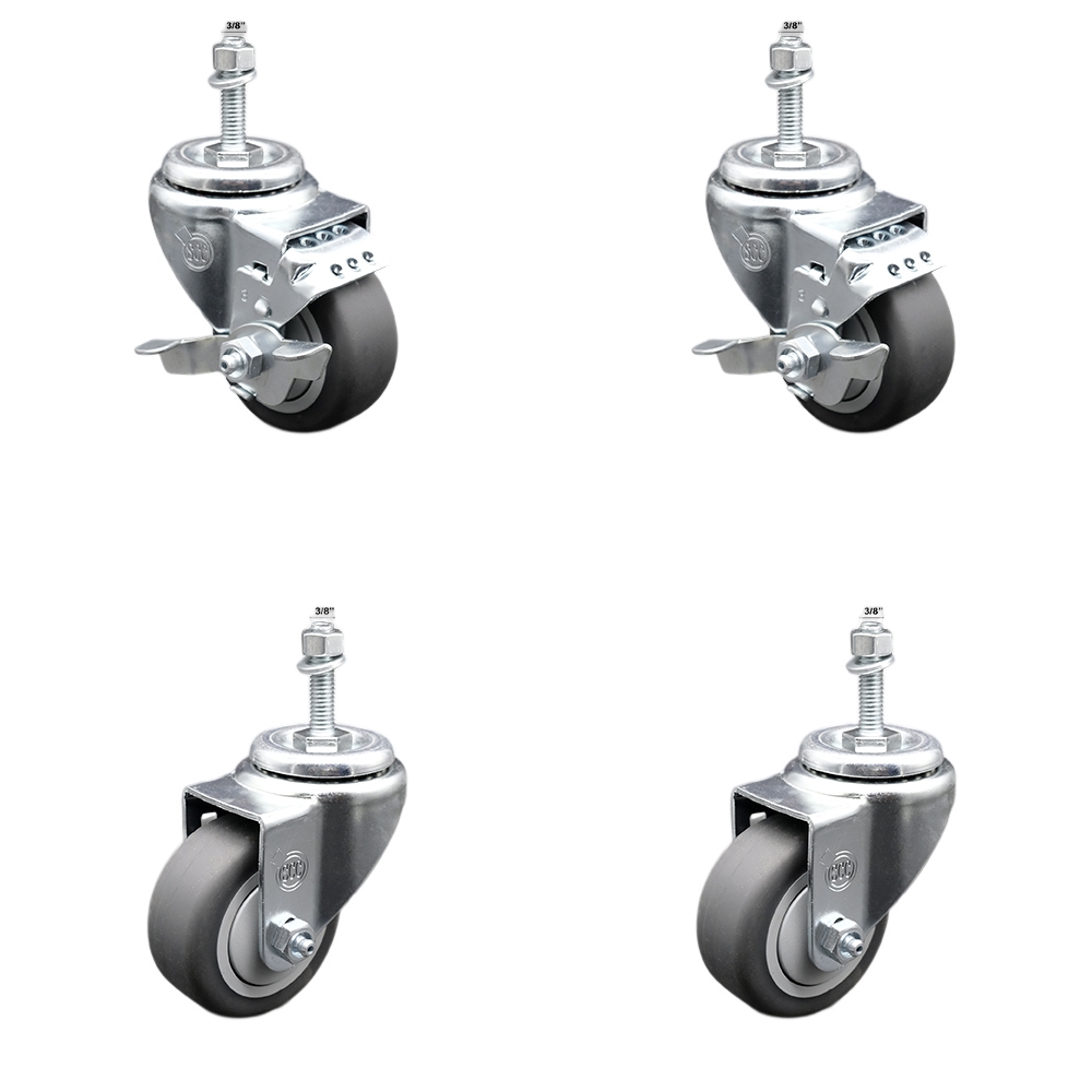 Stainless Steel Thermoplastic Rubber Swivel Threaded Stem Caster - 3 x 1.25 in. Gray Wheels & 0.37 in. Stems - 840 lbs Total Capacity - Set of 4