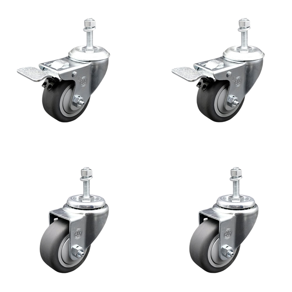 Thermoplastic Rubber Swivel Threaded Stem Caster - 3.5 x 1.25 in. Gray Wheels & 10 mm Metric Stems - 920 lbs Total Capacity - Set of 4