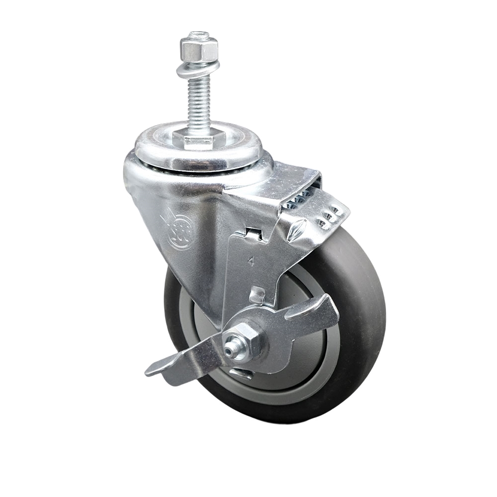 Thermoplastic Rubber Swivel Threaded Stem Caster - 4 x 1.25 in. Gray Wheel & 0.37 in. Stem & Top Locking Brake - 250 lbs Capacity per Caster