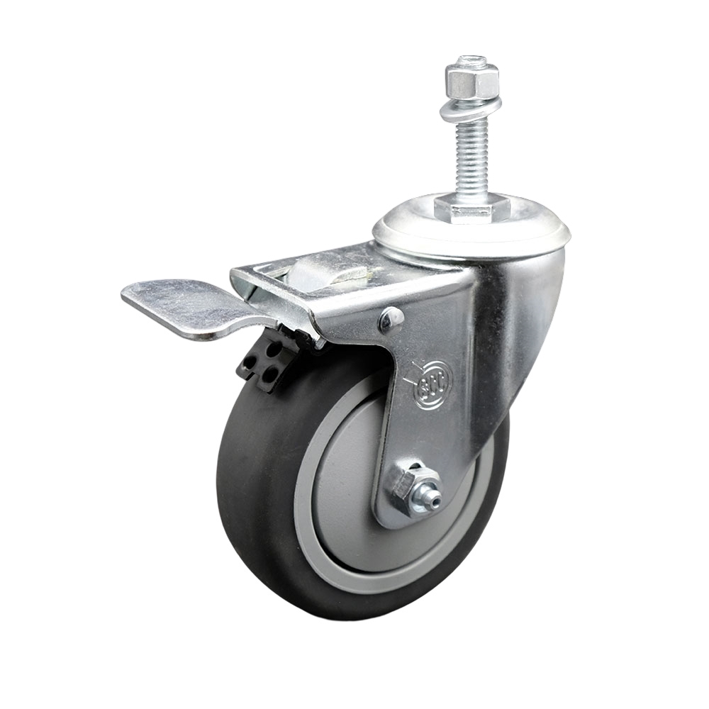 Thermoplastic Rubber Swivel Threaded Stem Caster - 4 x 1.25 in. Gray Wheel & 10 mm Metric Stem & Total Locking Brake - 250 lbs Capacity per Caster