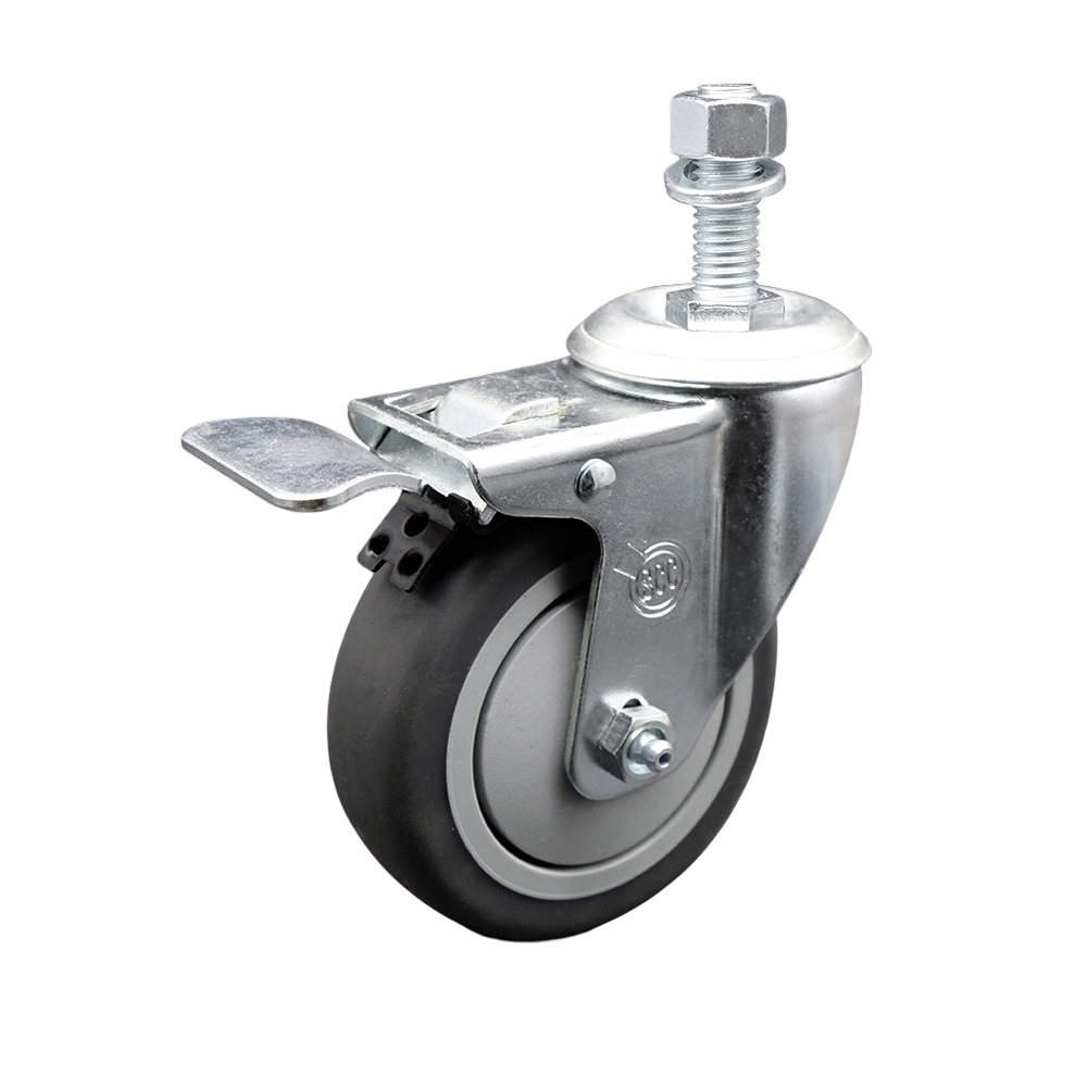 Thermoplastic Rubber Swivel Threaded Stem Caster - 4 x 1.25 in. Gray Wheel & 12 mm Metric Stem & Total Locking Brake - 250 lbs Capacity per Caster