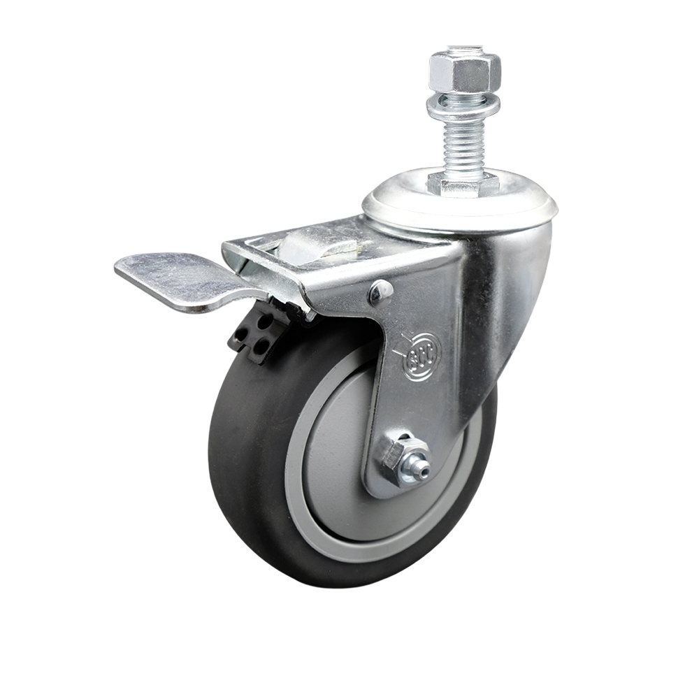 Stainless Steel Thermoplastic Rubber Swivel Threaded Stem Caster - 4 x 1.25 in. Gray Wheel & 0.5 in. Stem & Total Locking Brake - 250 lbs Capacity