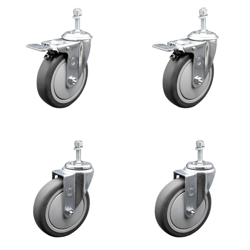 Stainless Steel Thermoplastic Rubber Swivel Threaded Stem Caster - 5 x 1.25 in. Gray Wheels & 0.37 in. Stems - 1200 lbs Total Capacity - Set of 4