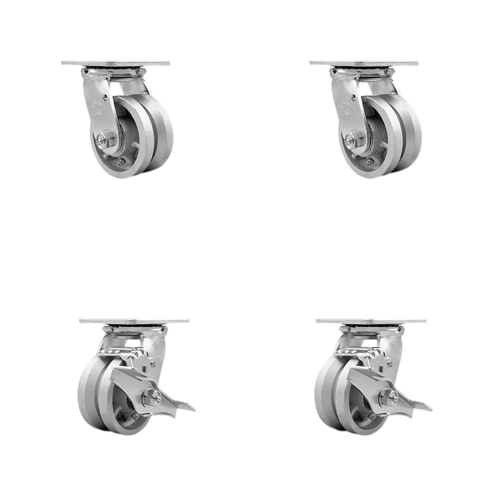 SCC-30CS420-VGR-2-TLB-2 V Groove Semi Steel Cast Iron Swivel Top Plate Casters, Heavy Duty with 4 in. Wheels - 3200 lbs Total Capacity - Set of 4