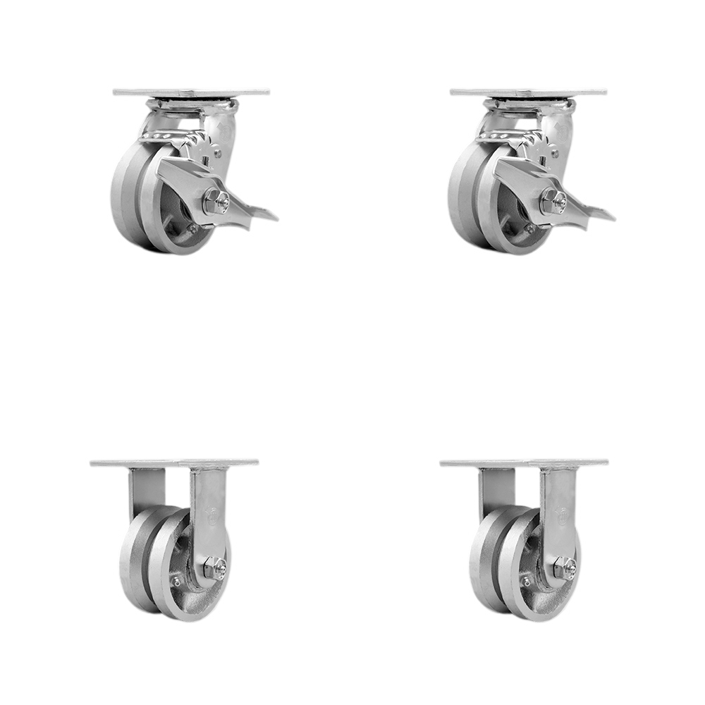 V Groove Semi Steel Cast Iron Swivel Top Plate Casters, Heavy Duty with 4 in. Wheels - 3200 lbs Total Capacity - Set of 4
