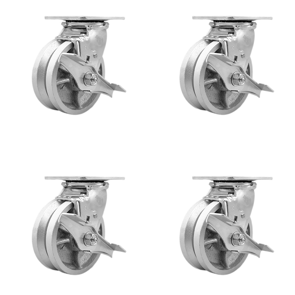 SCC-30CS520-VGR-TLB-4 V Groove Semi Steel Cast Iron Swivel Top Plate Casters, Heavy Duty with 5 in. Wheels - 4400 lbs Total Capacity - Set of 4