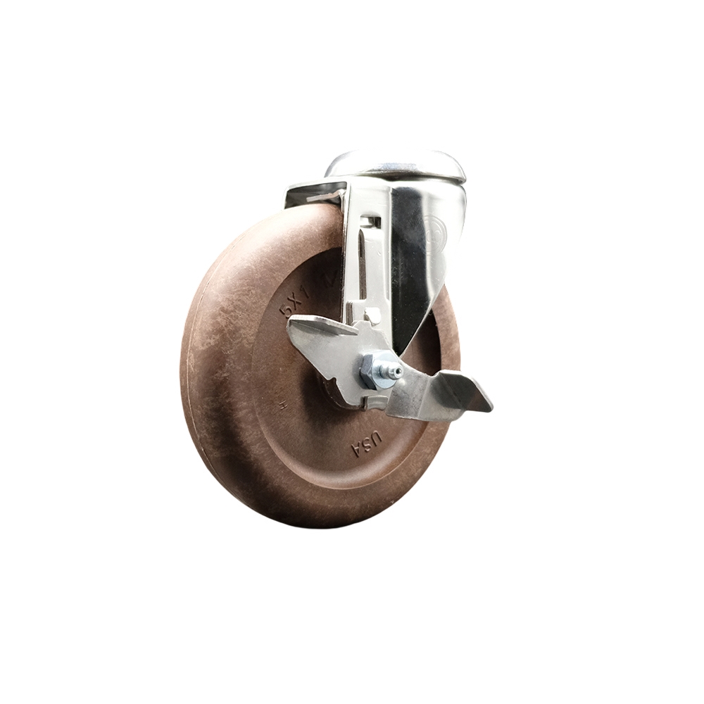 High Temperature Glass Filled Nylon Swivel Bolt Hole Caster with 5 in. Brown Caster Wheel & Top Lock Brake - 316 Stainless Steel Caster