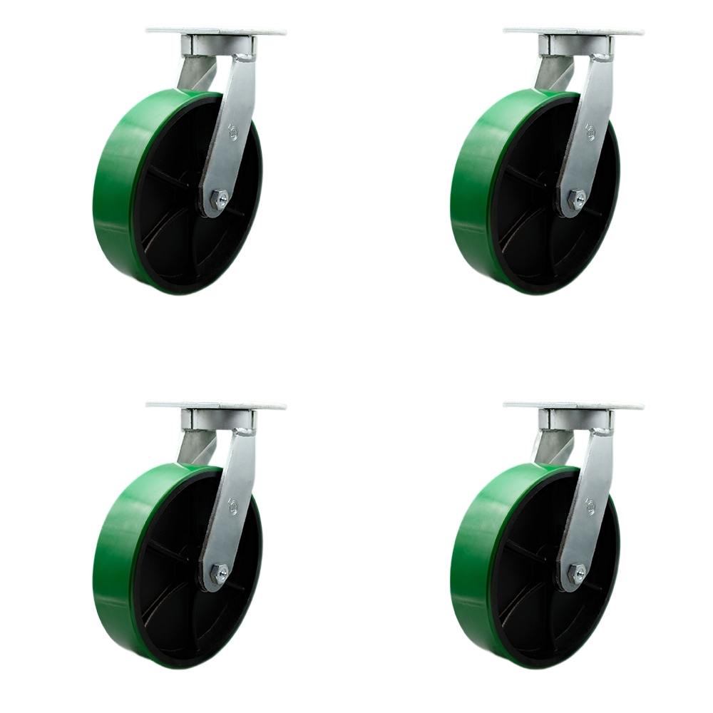 10 in. Swivel Top Plate Caster Set Extra Heavy Duty Casters with Green Polyurethane on Cast Iron Wheels - 2000 lbs Total Capacity - Set of 4