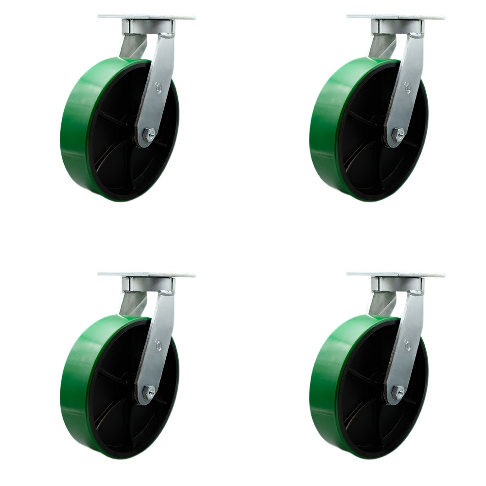 12 in. Swivel Top Plate Caster Set Extra Heavy Duty Casters with Green Polyurethane on Cast Iron Wheels - 14000 lbs Total Capacity - Set of 4