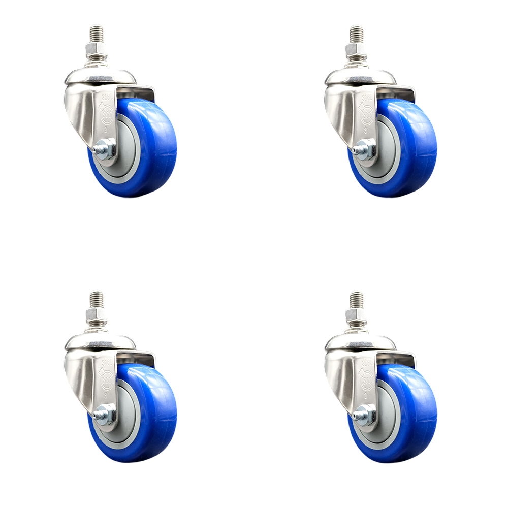 Polyurethane Swivel Stem Caster with 3.5 in. Blue Caster Wheels, 0.5 in. Threaded Stems - 316 Stainless Steel Casters - Set of 4