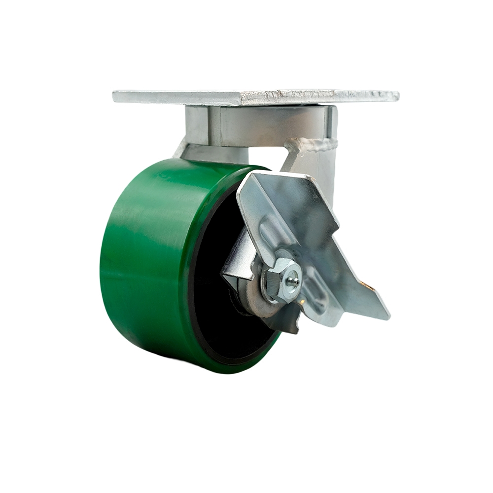 6 in. Swivel Top Plate Extra Heavy Duty Caster with Green Polyurethane on Cast Iron Wheel & Brake - Bolt on Swivel Lock - Heavy Duty Caster Wheel