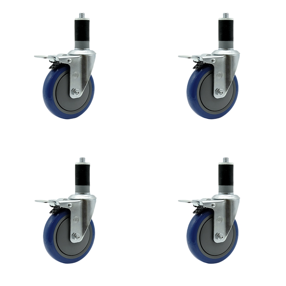 Regency Work Table & Equipment Stand Replacement Total Locking Caster Set - 5 in. Blue Polyurethane Wheel - 4 Swivel Casters - Set of 4