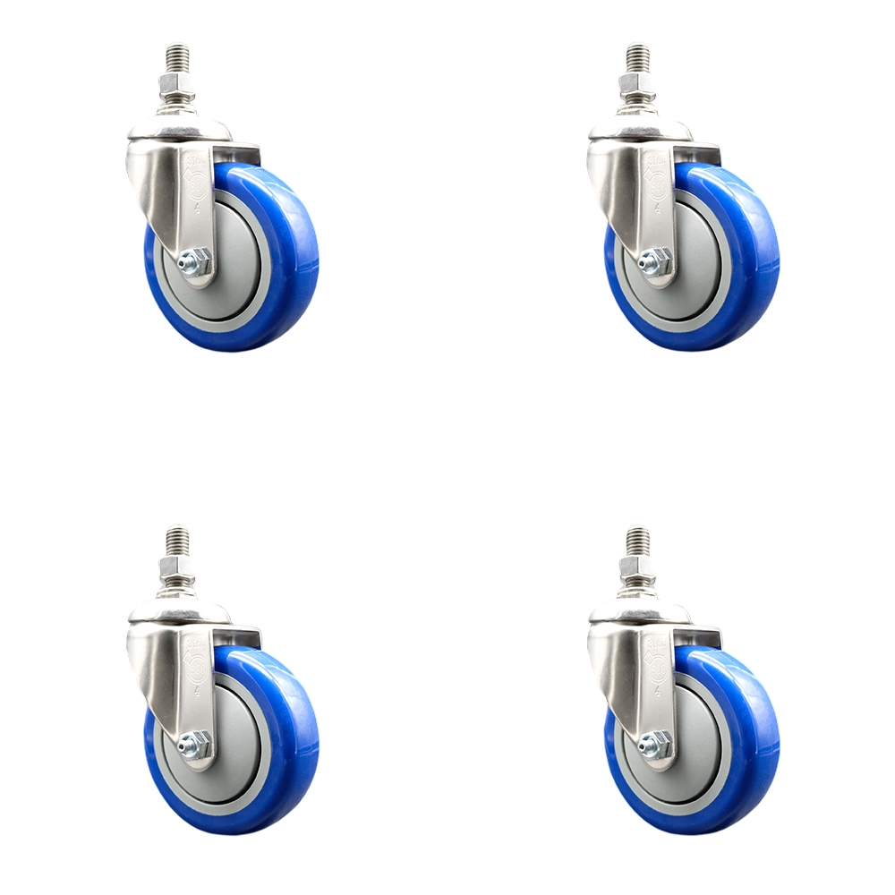 Polyurethane Swivel Stem Caster with 4 in. Blue Caster Wheels, 0.5 in. Threaded Stems - 316 Stainless Steel Casters - Set of 4