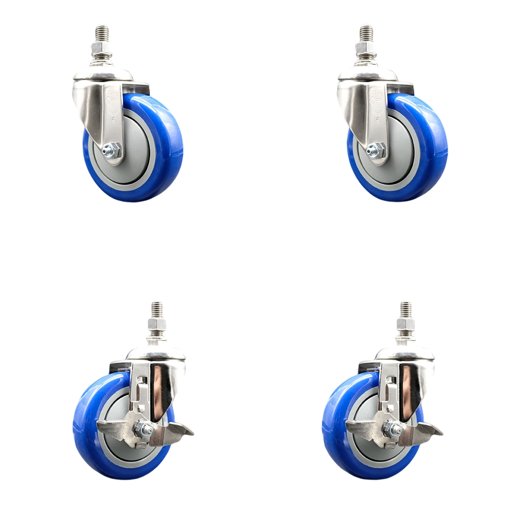 Poly Swivel Stem Caster with 4 in. Blue Caster Wheels, 0.5 in. Threaded Stems - 316 Stainless Steel Casters - Set of 4