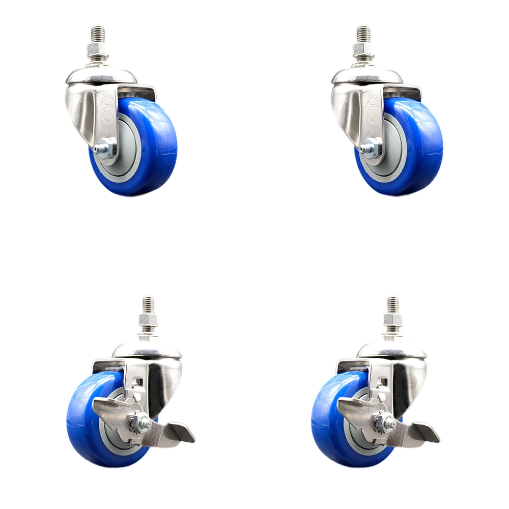 Poly Swivel Stem Caster with 3 in. Blue Caster Wheels, 0.38 in. Threaded Stems - 316 Stainless Steel Casters - Set of 4