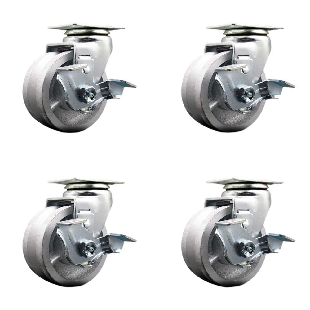 SCC-20S420-VGB-TLB-4 Swivel Top Plate Caster Set, Silver 4 x 2 in. V-Groove Semi Steel Cast Iron Wheel Ball Bearing - 1800 lbs Total Capacity