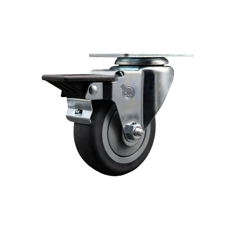 SCC-20S3514-TPRB-PLB Thermoplastic Rubber Swivel Top Plate Swivel Caster with 3.5 in. Gray Wheel & Posi Locking Brake - 230 lbs Capacity per Caster