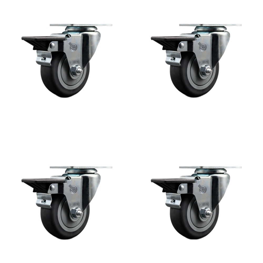 SCC-20S3514-TPRB-PLB-4 Thermoplastic Rubber Swivel Top Plate Caster with 3.5 in. Gray Wheels - 920 lbs Total Capacity - Set of 4