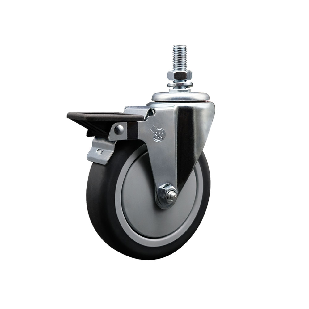 Thermoplastic Rubber Swivel Threaded Stem Caster - 5 x 1.25 in. Gray Wheel & 0.5 in. Stem & Posi Locking Brake - 300 lbs Capacity per Caster
