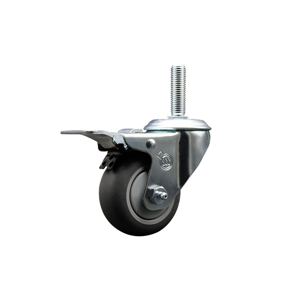 Thermoplastic Rubber Swivel Threaded Stem Caster - 3 x 1.25 in. Gray Wheel & 0.75 in. Stem & Total Locking Brake - 210 lbs Capacity per Caster