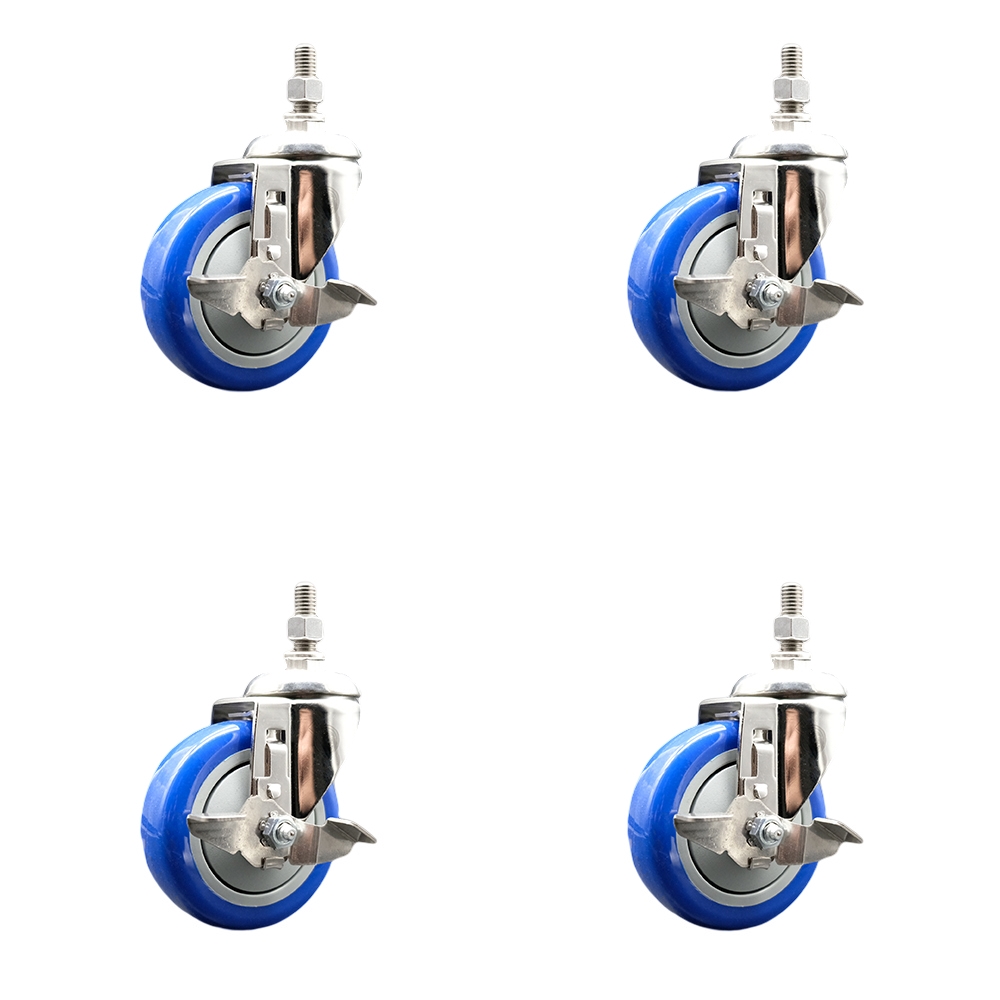 Polyurethane Swivel Stem Caster with 4 in. Blue Caster Wheels, 0.38 in. Threaded Stems - 316 Stainless Steel Casters - Set of 4