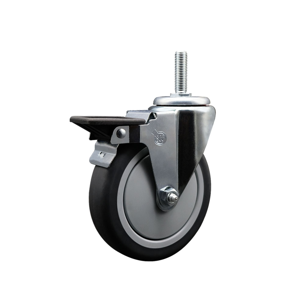 Thermoplastic Rubber Swivel Threaded Stem Caster - 5 x 1.25 in. Gray Wheel & 0.75 in. Stem & Posi Locking Brake - 300 lbs Capacity per Caster