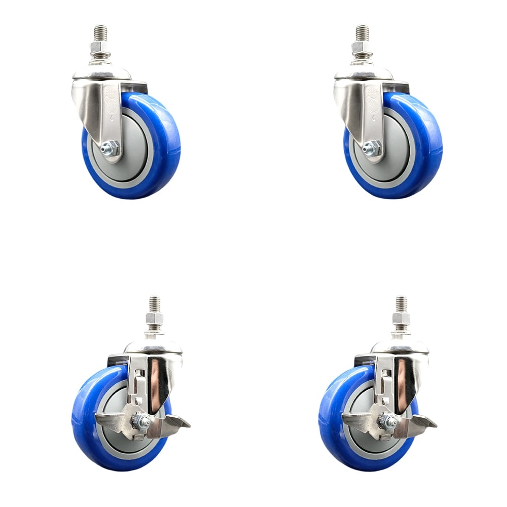 Poly Swivel Stem Caster with 4 in. Blue Caster Wheels, 0.38 in. Threaded Stems - 316 Stainless Steel Casters - Set of 4