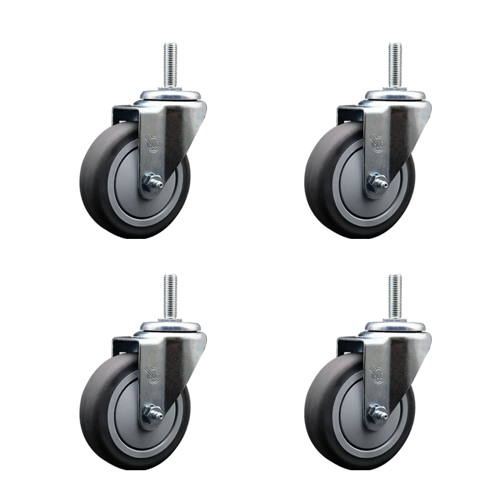 Thermoplastic Rubber Swivel Threaded Stem Caster with 4 x 1.25 in. Gray Wheels & 0.62 in. Stems - 1000 lbs Total Capacity - Set of 4