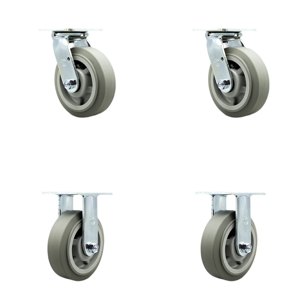 Stainless Steel Thermoplastic Rubber Flat Tread Swivel Top Plate Casters, Heavy Duty with 6 in. Wheels - 2000 lbs Total Capacity - Set of 4