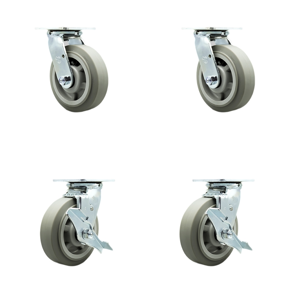 Stainless Steel Thermoplastic Rubber Flat Tread Swivel Top Plate Casters, Heavy Duty with 6 in. Wheels - 2000 lbs Total Capacity - Set of 4