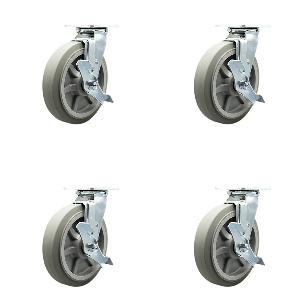 SCC-SS30S820-TPRRF-TLB-BSL-2-TLB-2 Stainless Steel Thermoplastic Rubber Flat Tread Swivel Top Plate Casters Set Heavy Duty with 8 in. Wheels